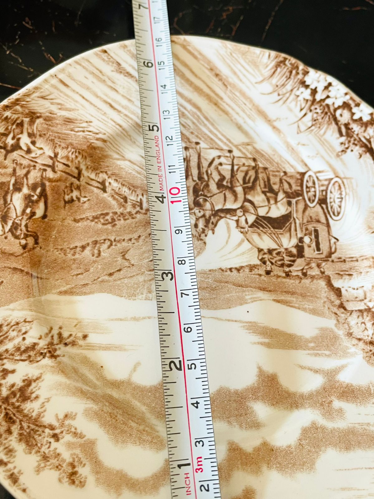 Vintage “Devonshire Road” Plate by Alfred Meakin Staffordshire England – Hand Engraved Brown Transferware Scene