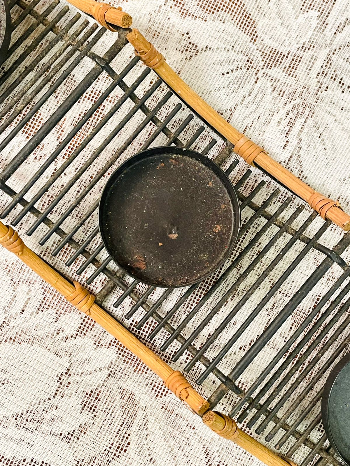 Rustic Metal & Rattan Candle Holder Tray
