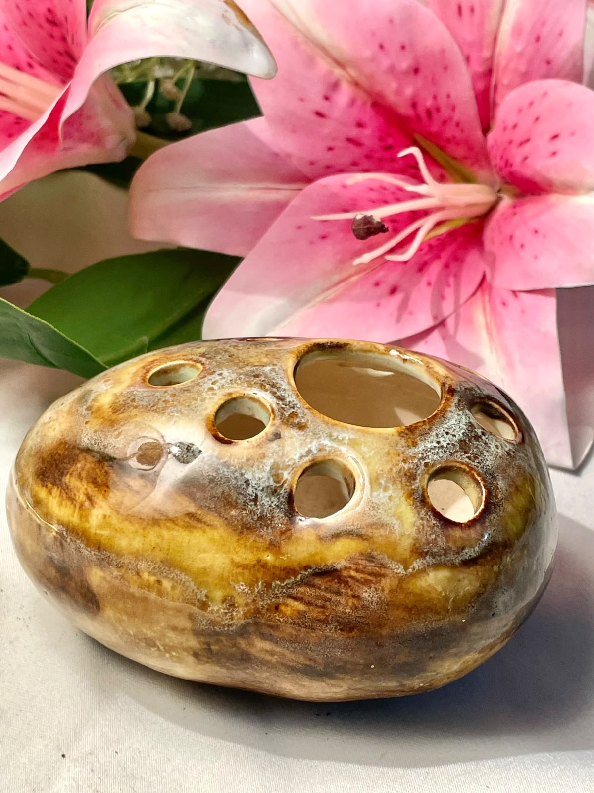 Vintage Ceramic Flower Frog Vase Brown Glaze 4 in