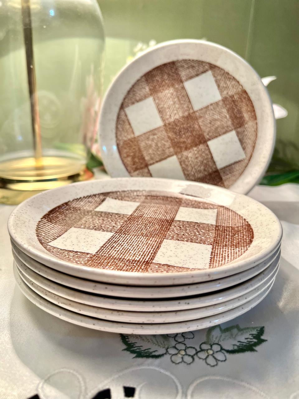 6-Piece Brown Check Ceramic Side Plate Set 6.25 in