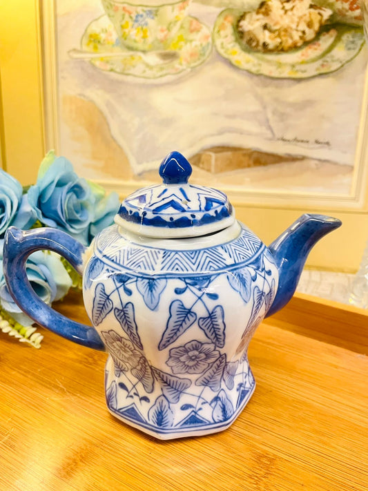 Vintage Blue Floral Porcelain Teapot –  Handcrafted