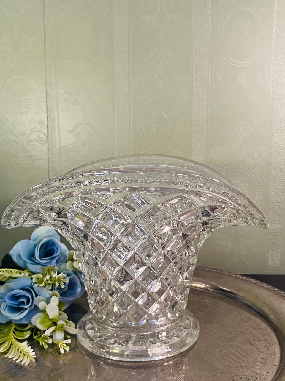 Large Pressed Crystal Footed Centrepiece Bowl 26 cm Diamond Pattern