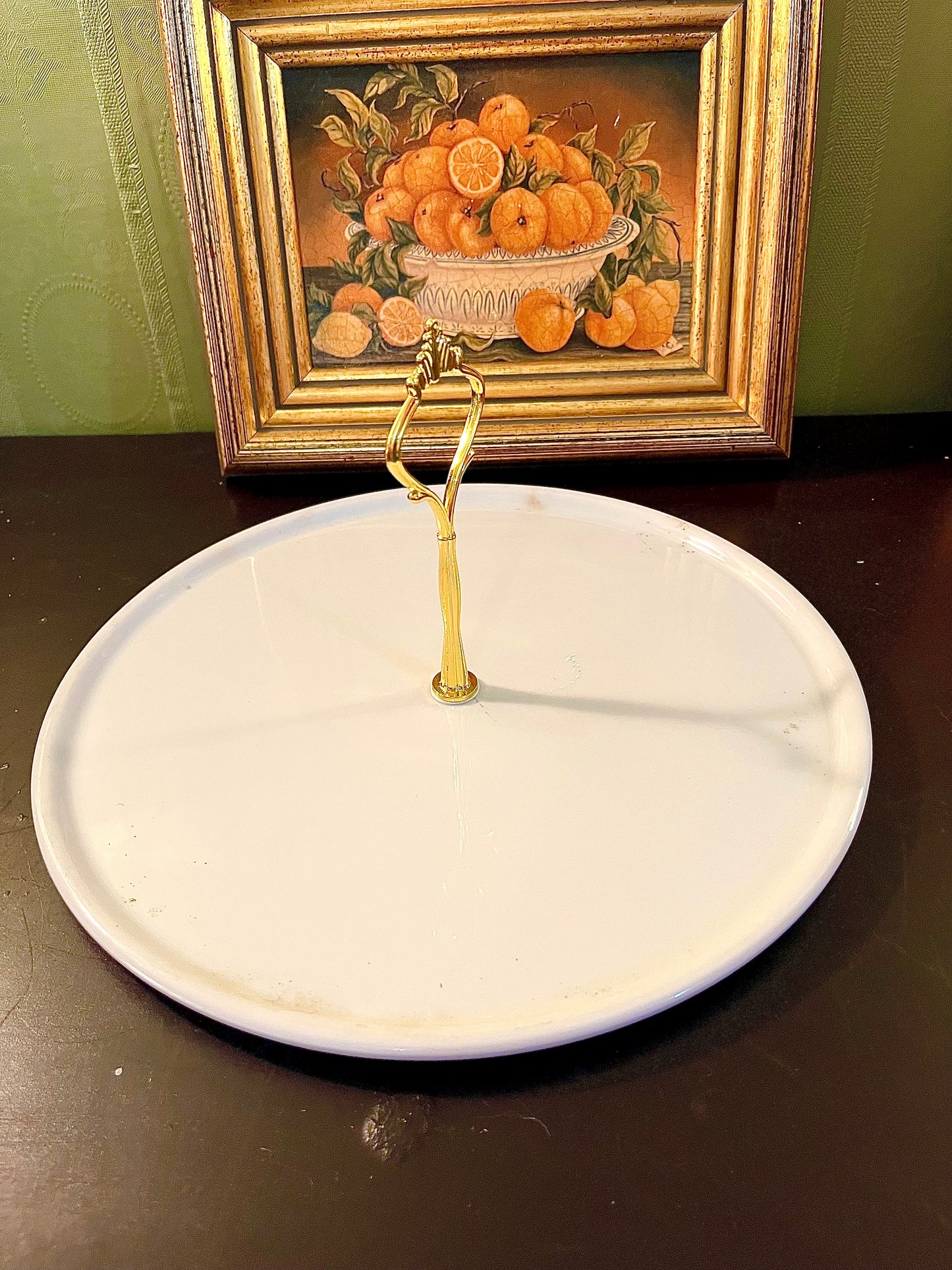 Vintage White Round Serving Platter with Gold Handle – 10 Inch