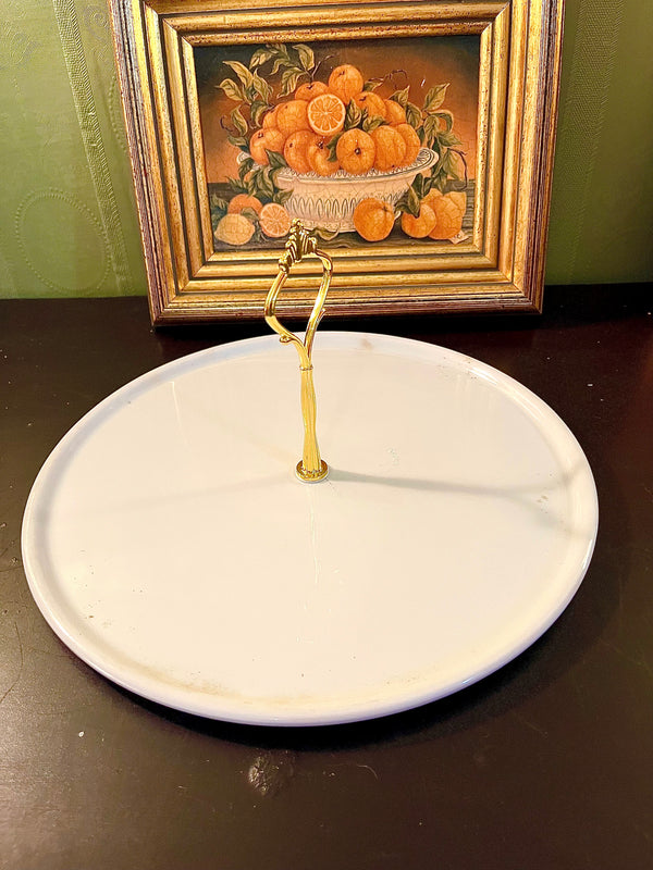 Vintage White Round Serving Platter with Gold Handle – 10 Inch