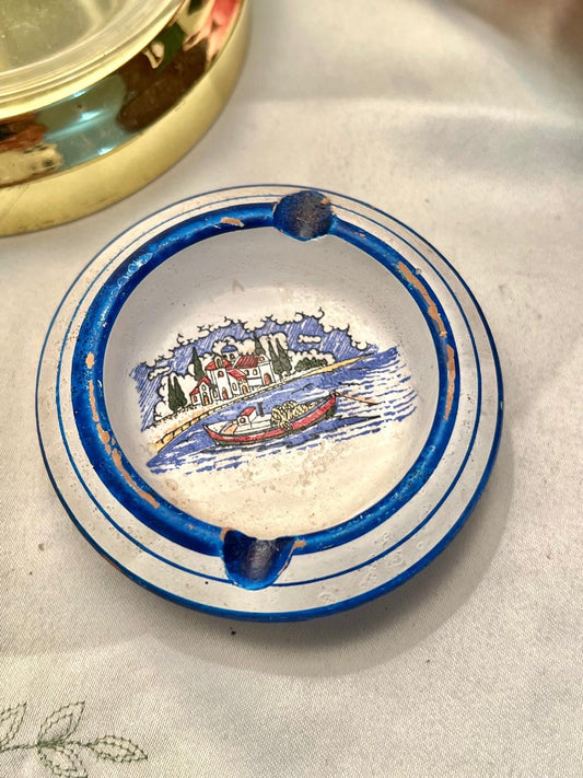 Vintage Blue & White Scenic Ceramic Ashtray 3.5 in
