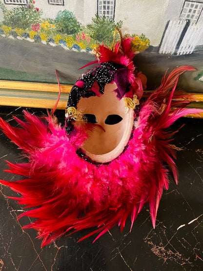 Venetian Wall Hanging Masquerade Mask – Pink & Red Feathers – Handmade Decorative Art