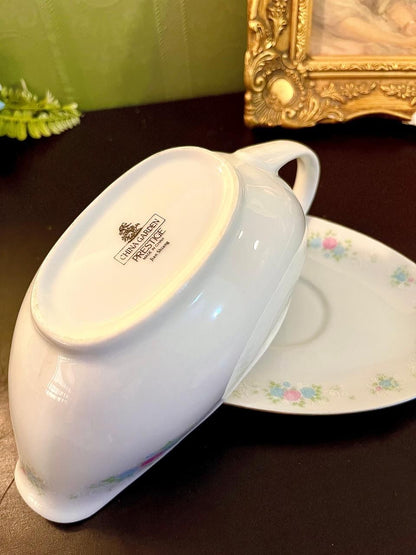 Vintage Floral Porcelain Gravy Boat Saucer 8 Inch