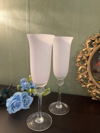 Set of 2 Frosted Glass Candle Holders / Tall White Stemmed Candle Stands