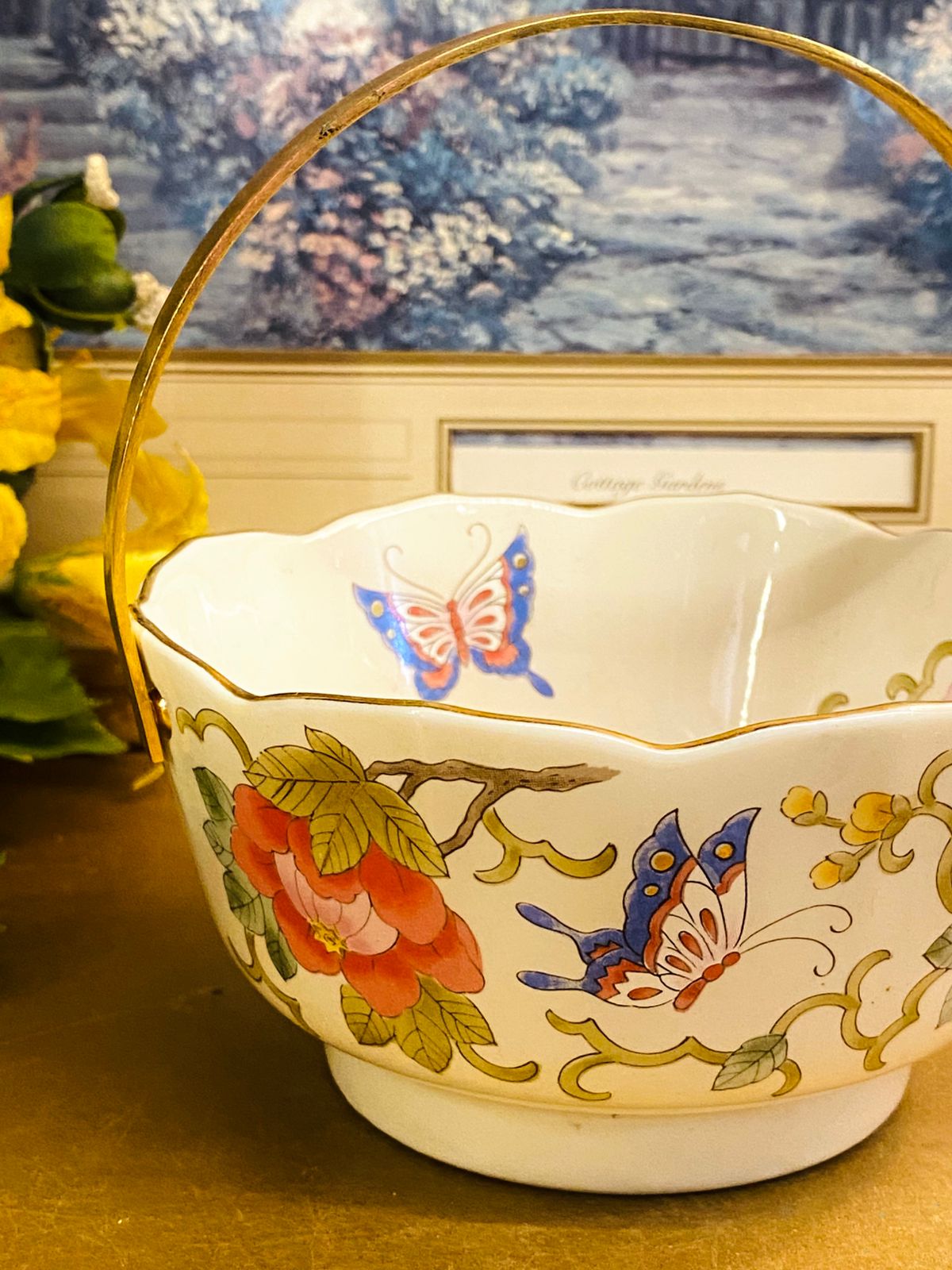Vintage Floral Butterfly Porcelain Basket Bowl 5"
