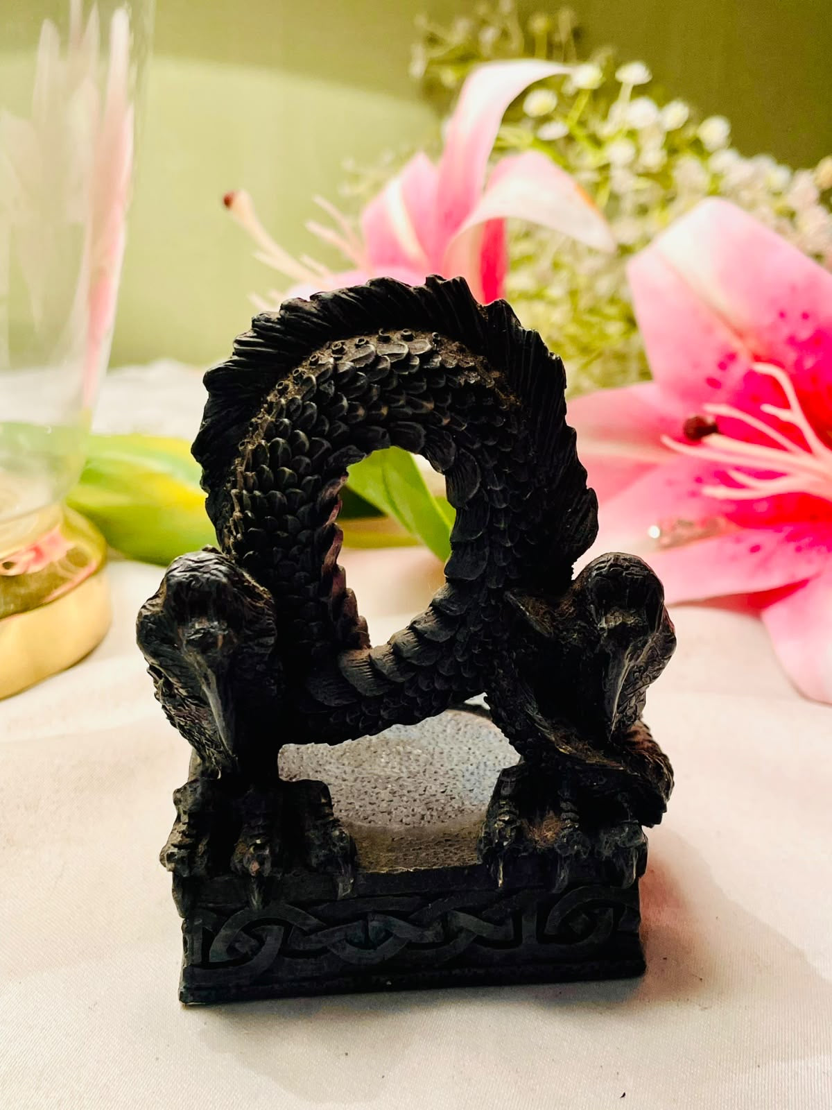 Dark Dragon Figurine with Circular Arch & Celtic Candle Holder Base 10cm