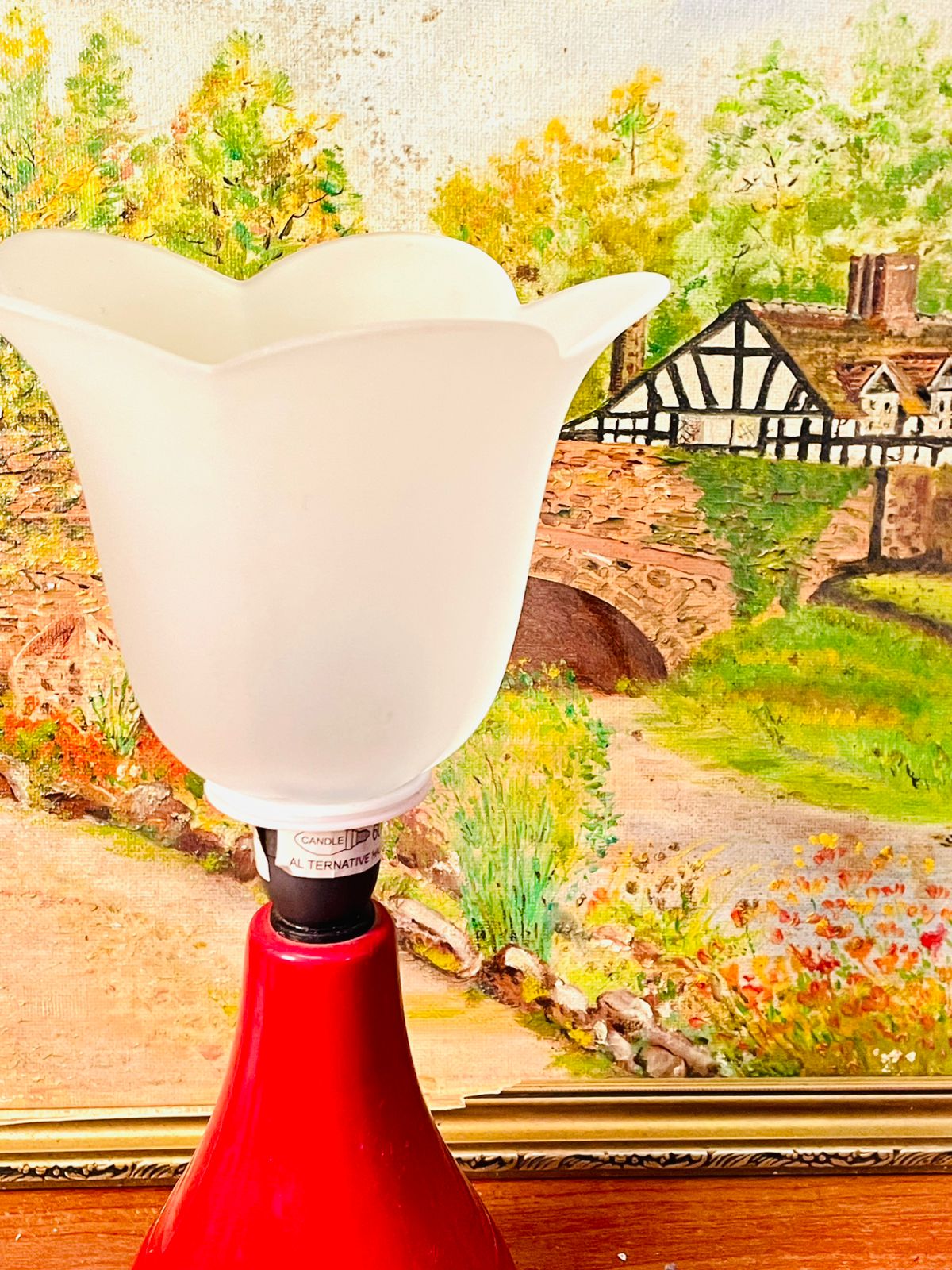 Vintage Ceramic Table Lamp with Red Base & Glass Globe – Single Piece