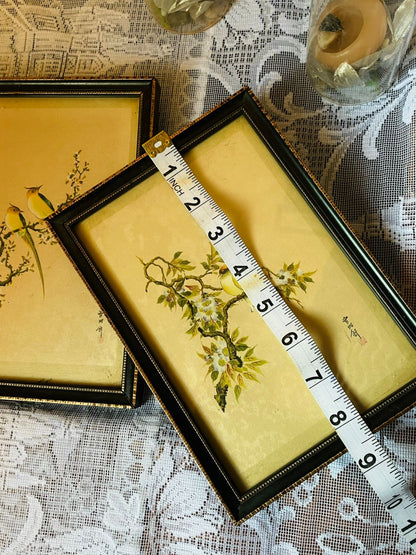 Set of 2 Asian Bird Art Paintings – Black Gold Framed Wall Décor