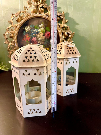 Pair of White Metal Moroccan Lantern Tealight Holders