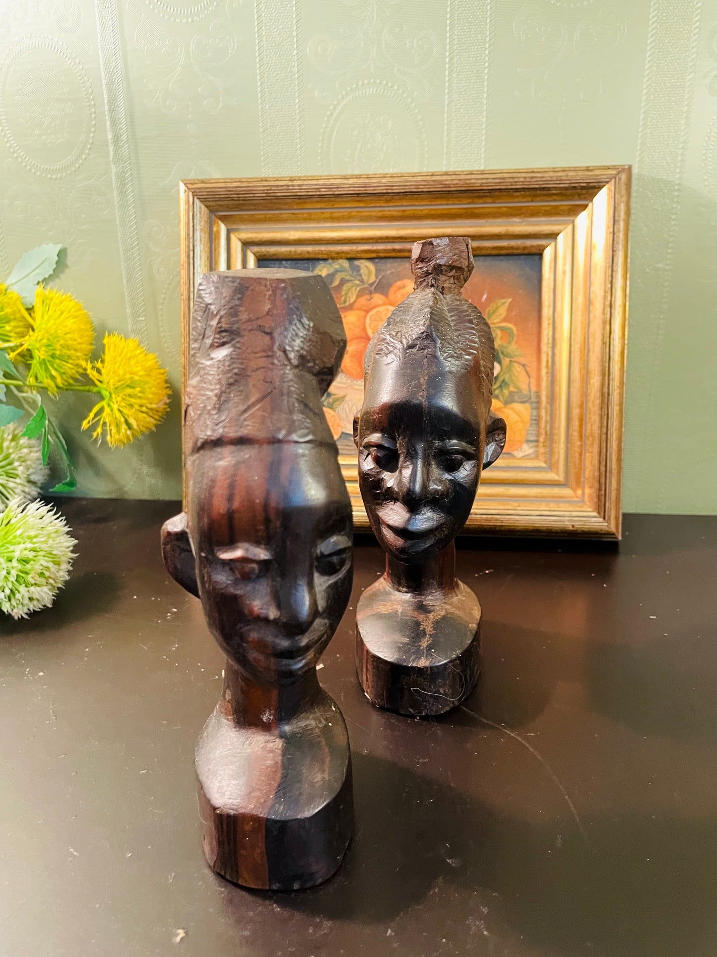 Vintage Hand-Carved Wooden Portrait Bust – 17 cm Each