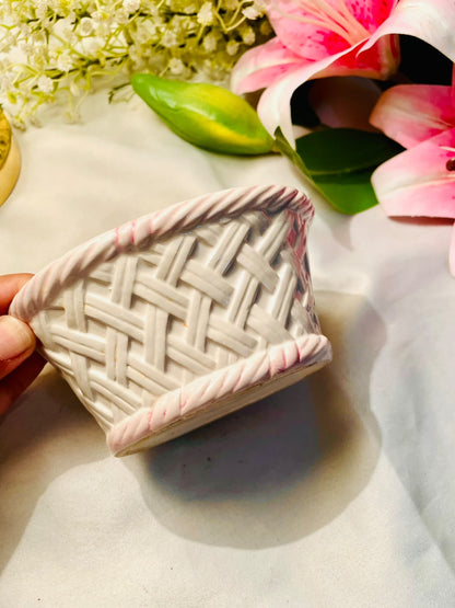Vintage White & Pink Ceramic Wicker Basket Planter – 5 Inch