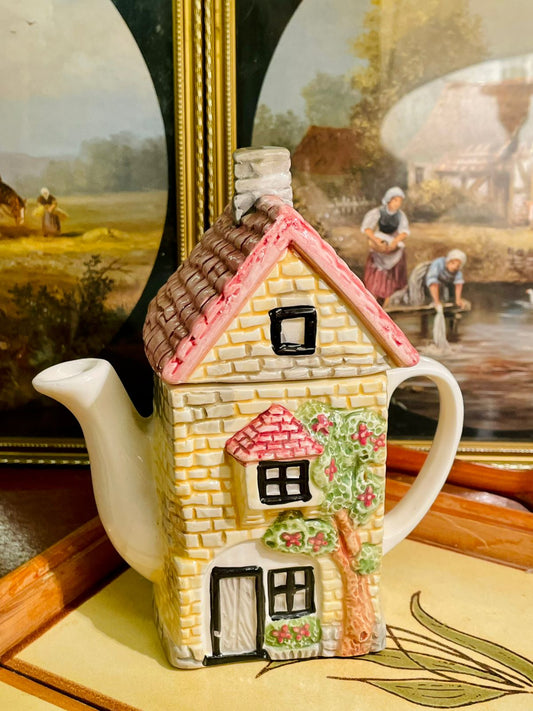 Vintage Cottage House Ceramic Teapot – Hand-Painted Floral Windows