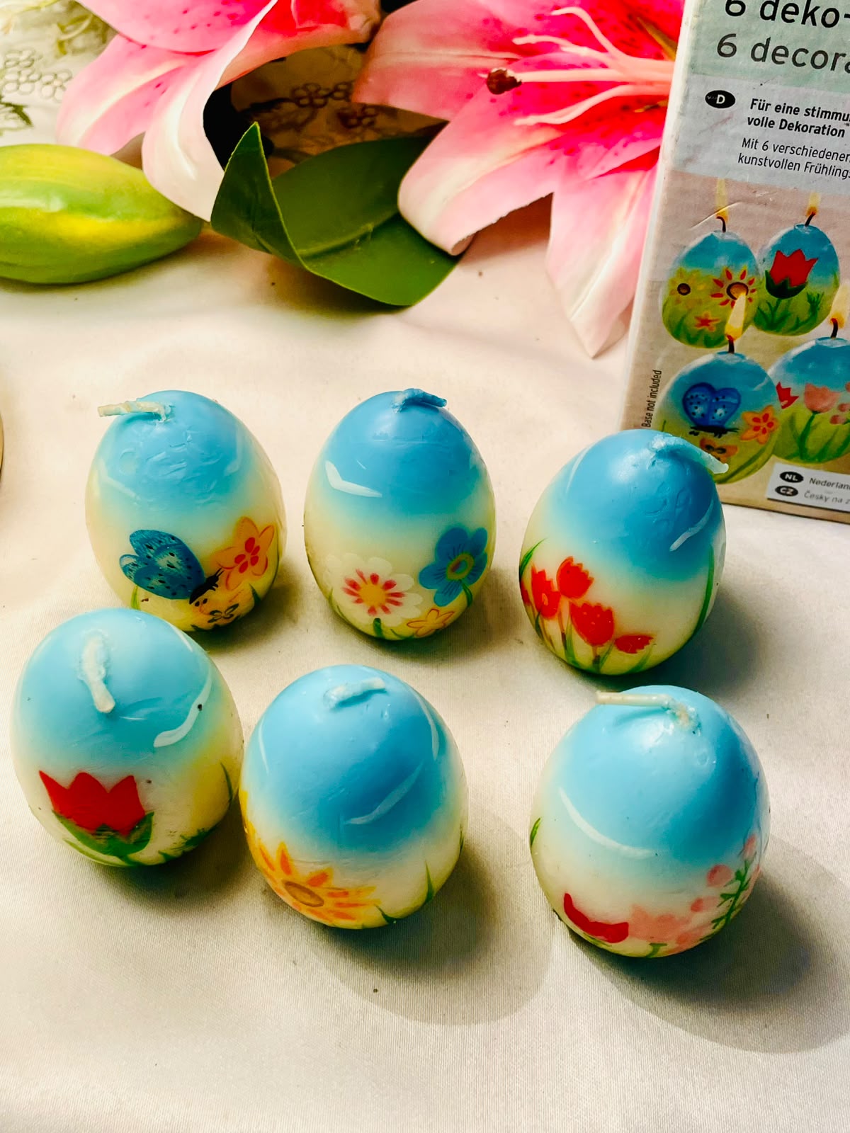 Set of 6 Floral Easter Egg Candles | Blue & Multicolour 2.5in