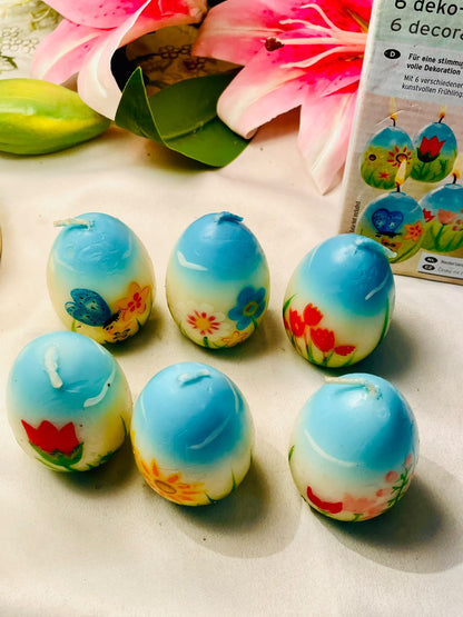 Set of 6 Floral Easter Egg Candles | Blue & Multicolour 2.5in