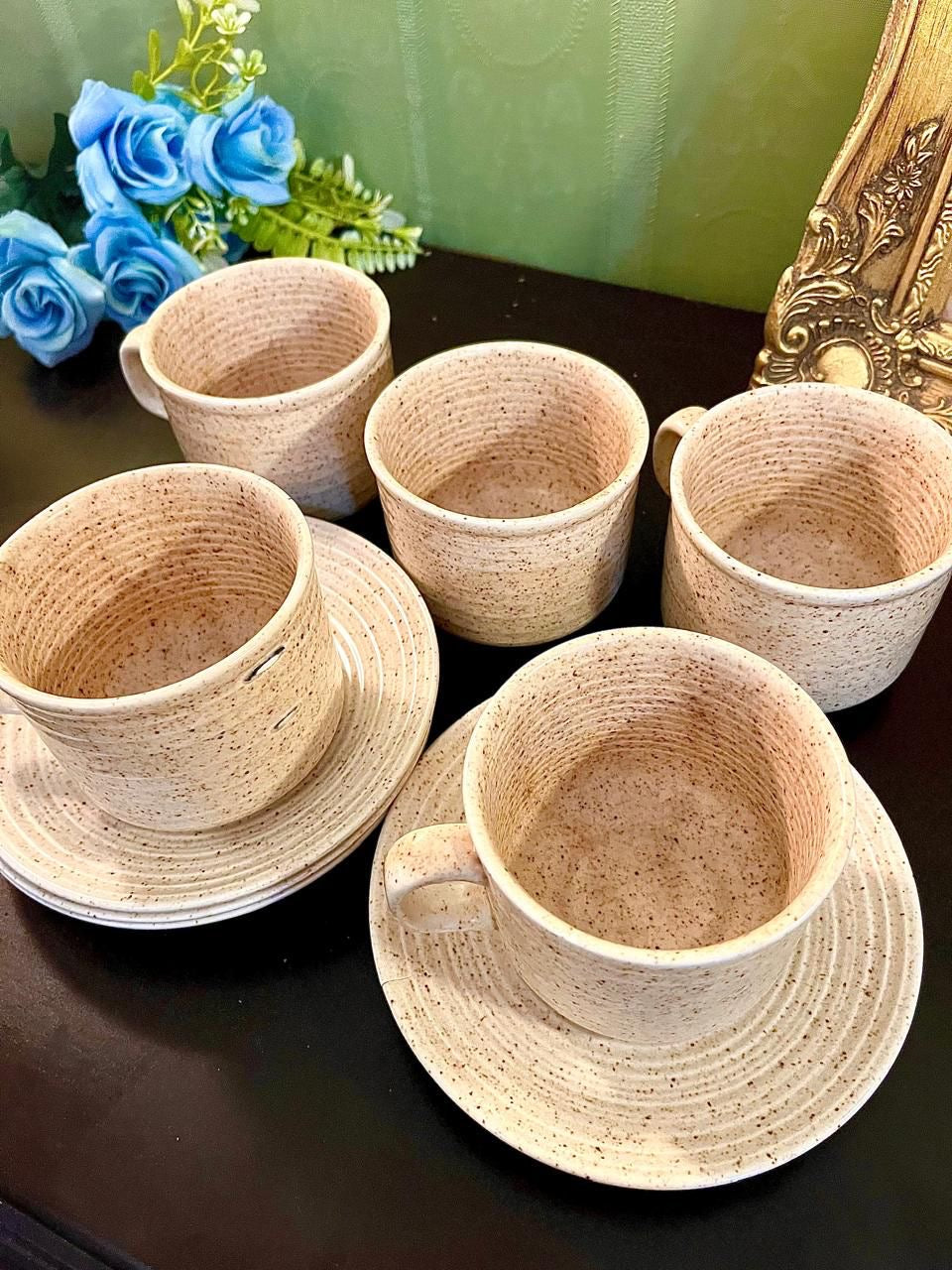 Vintage Speckled Stoneware Tea Cup & Saucer Set of 5