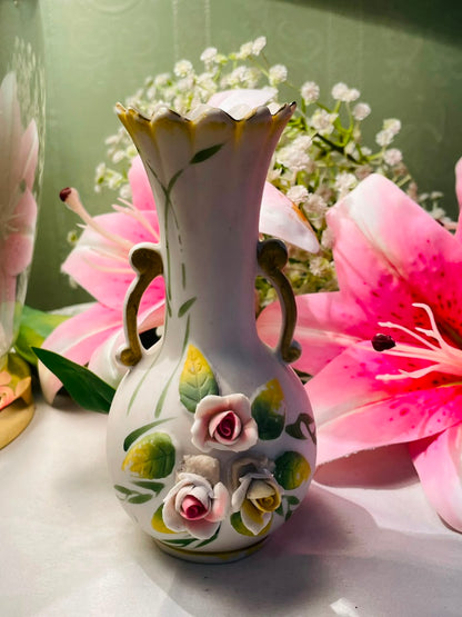 White Raised Rose Decorative Vase Gold-Tone Handles Approx. 14 cm