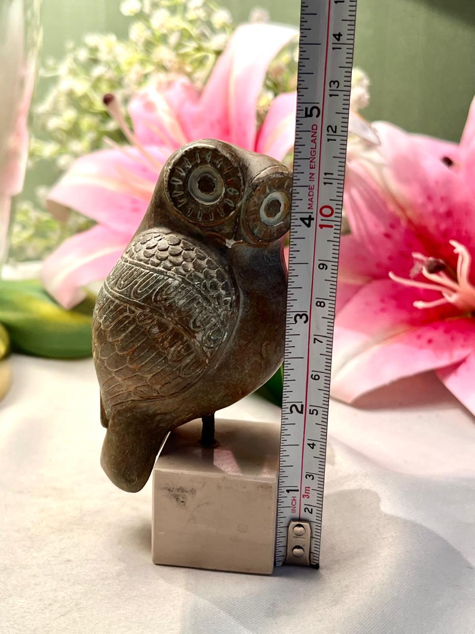 Vintage Bronze-Tone Owl Figurine on Stone Base Approx. 11 cm