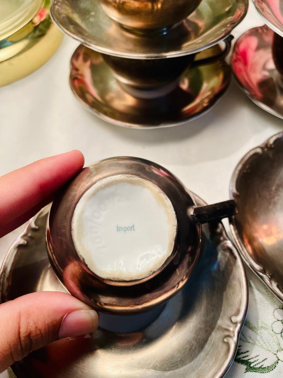 Vintage Silver Copper Lustre Coffee Cup & Saucer Set of 6