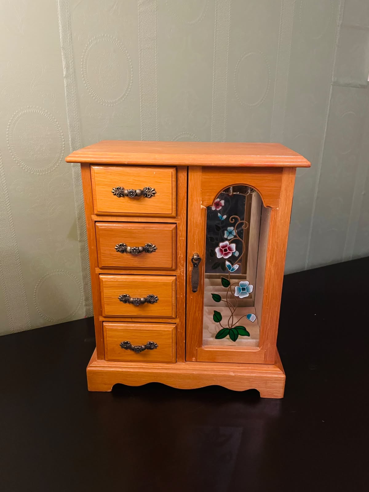 Vintage Wooden Jewelry Box Cabinet with Floral Glass Door