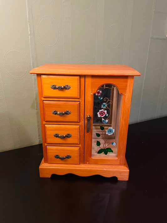 Vintage Wooden Jewelry Box Cabinet with Floral Glass Door