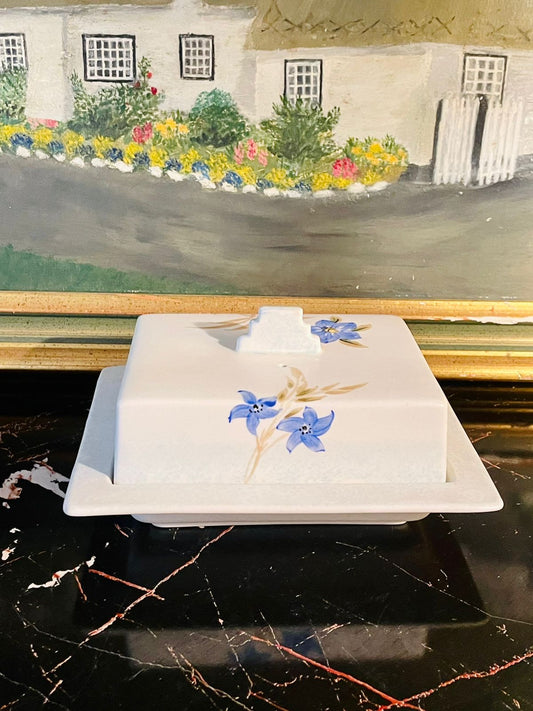 ceramic butter dish, floral butter keeper, porcelain butter dish with lid, hand painted butter dish, blue flower kitchenware, ceramic butter container, butter dish with cover, decorative kitchen serveware, vintage style butter keeper
