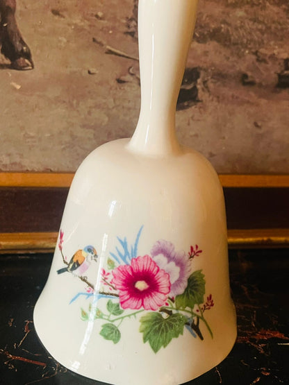 Vintage English Porcelain Table Bell – Pink Hibiscus Floral with Songbird Design