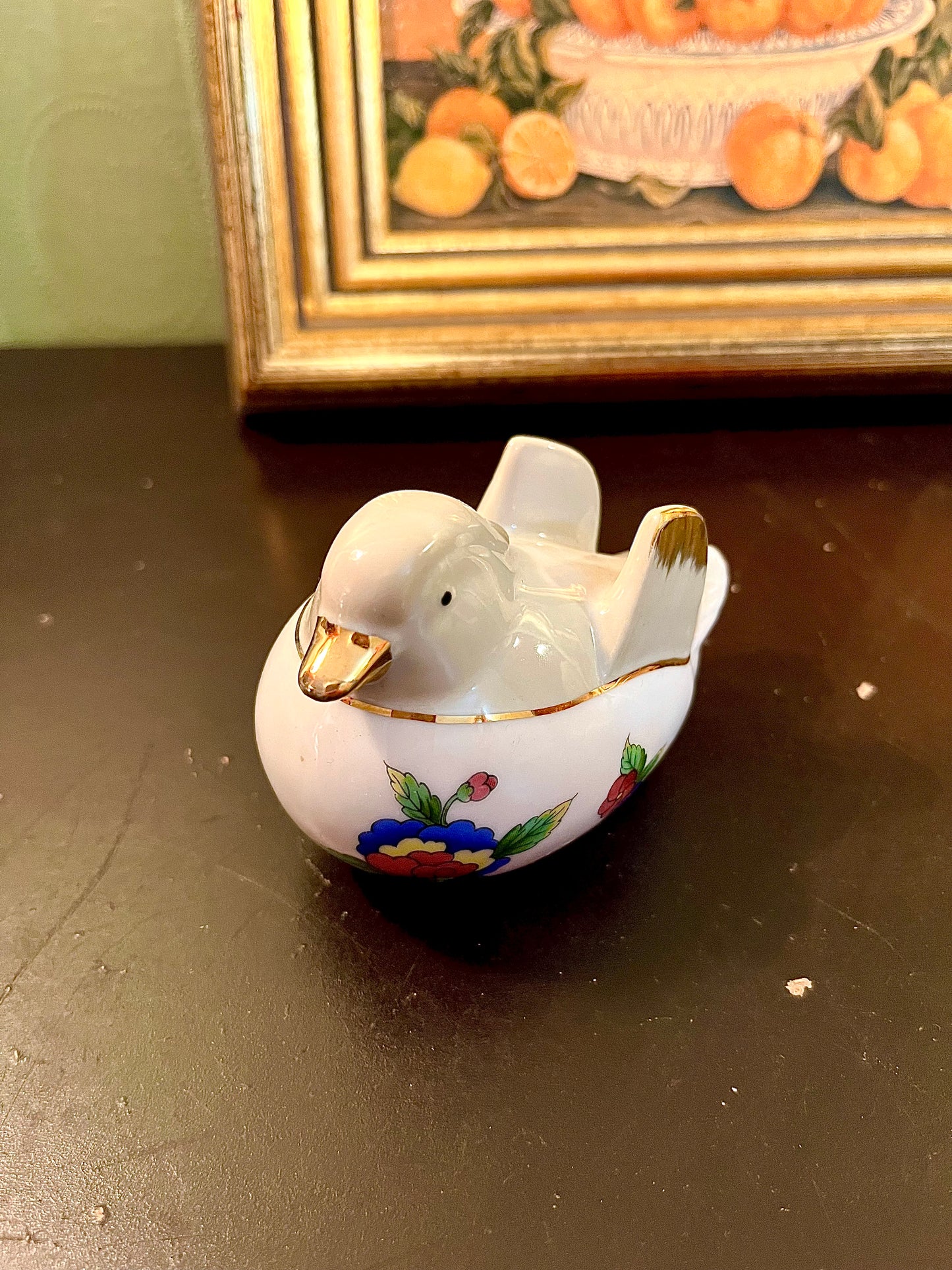 Small Ceramic Duck Figurine – White Floral Bird Ornament