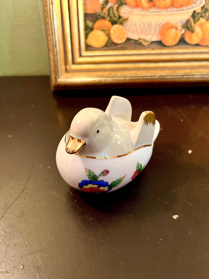 Small Ceramic Duck Figurine – White Floral Bird Ornament