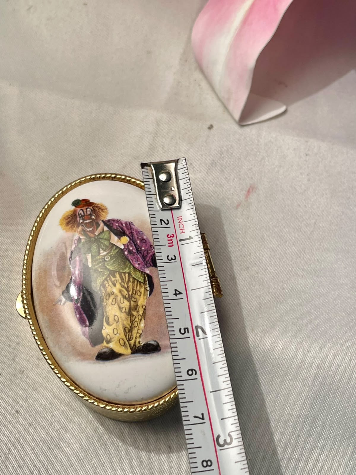 Vintage Clown Oval Trinket Box with Gold-Tone Frame Approx. 7 cm