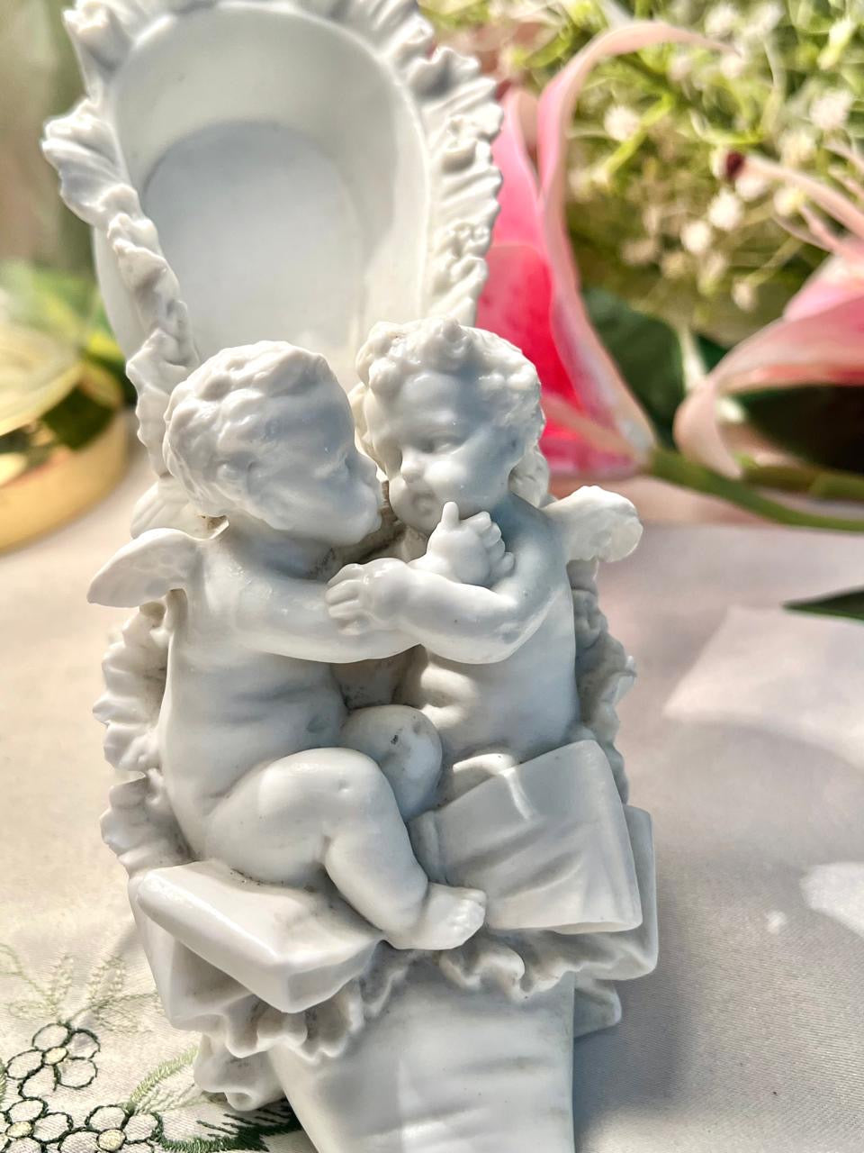 White Cherub Figurine with Ornate Chair 20cm
