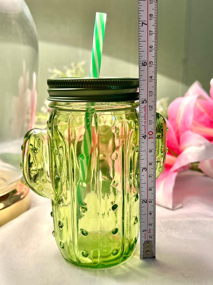Green Cactus Shaped Crystal Drinking Jar with Straw 14cm