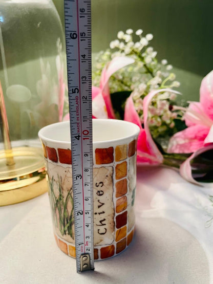 Vintage fine bone china mug featuring a botanical herb and grass illustration 9 cm