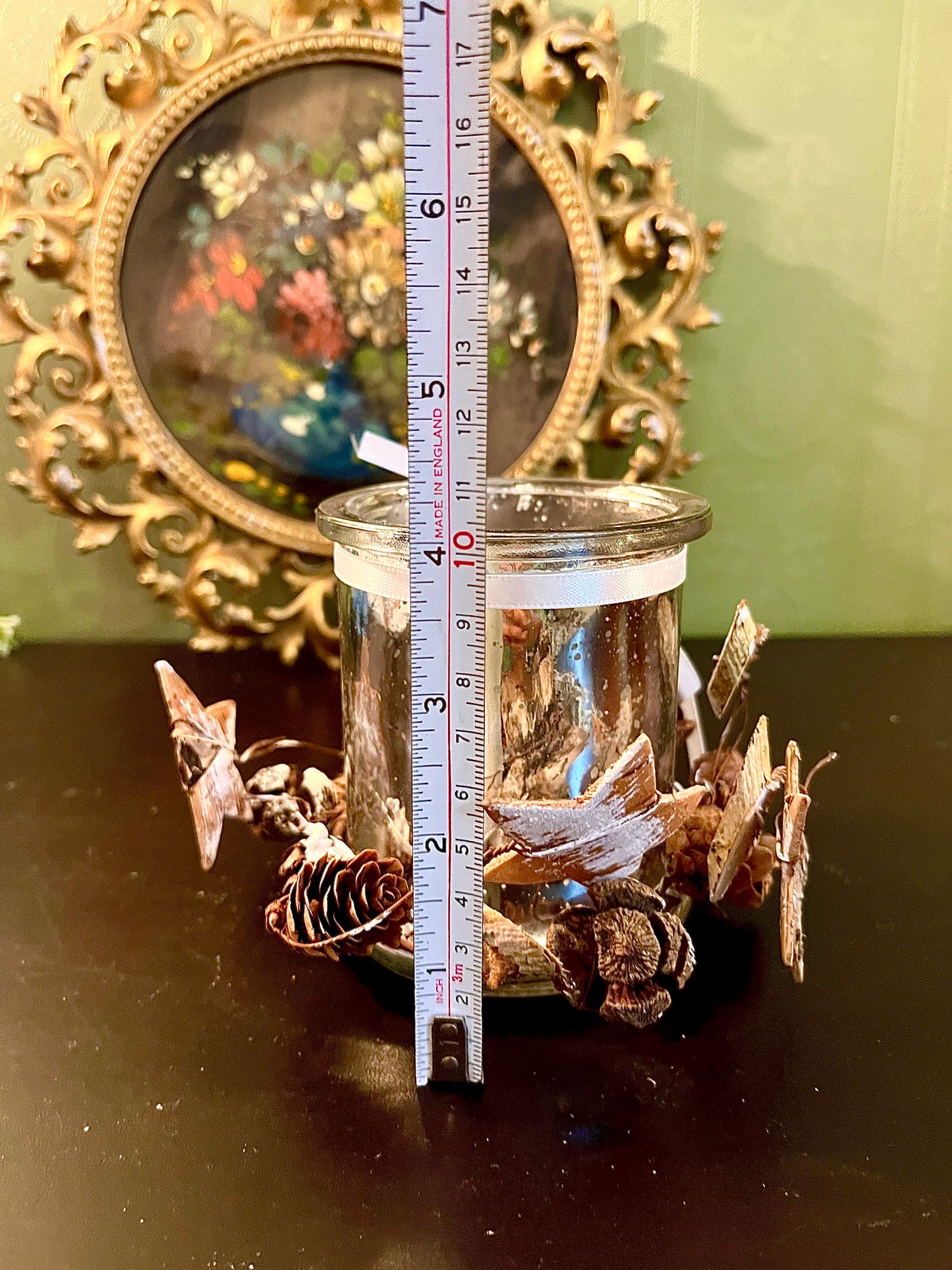 Mercury Glass Candle Holder with Rustic Pinecone & Ribbon Décor