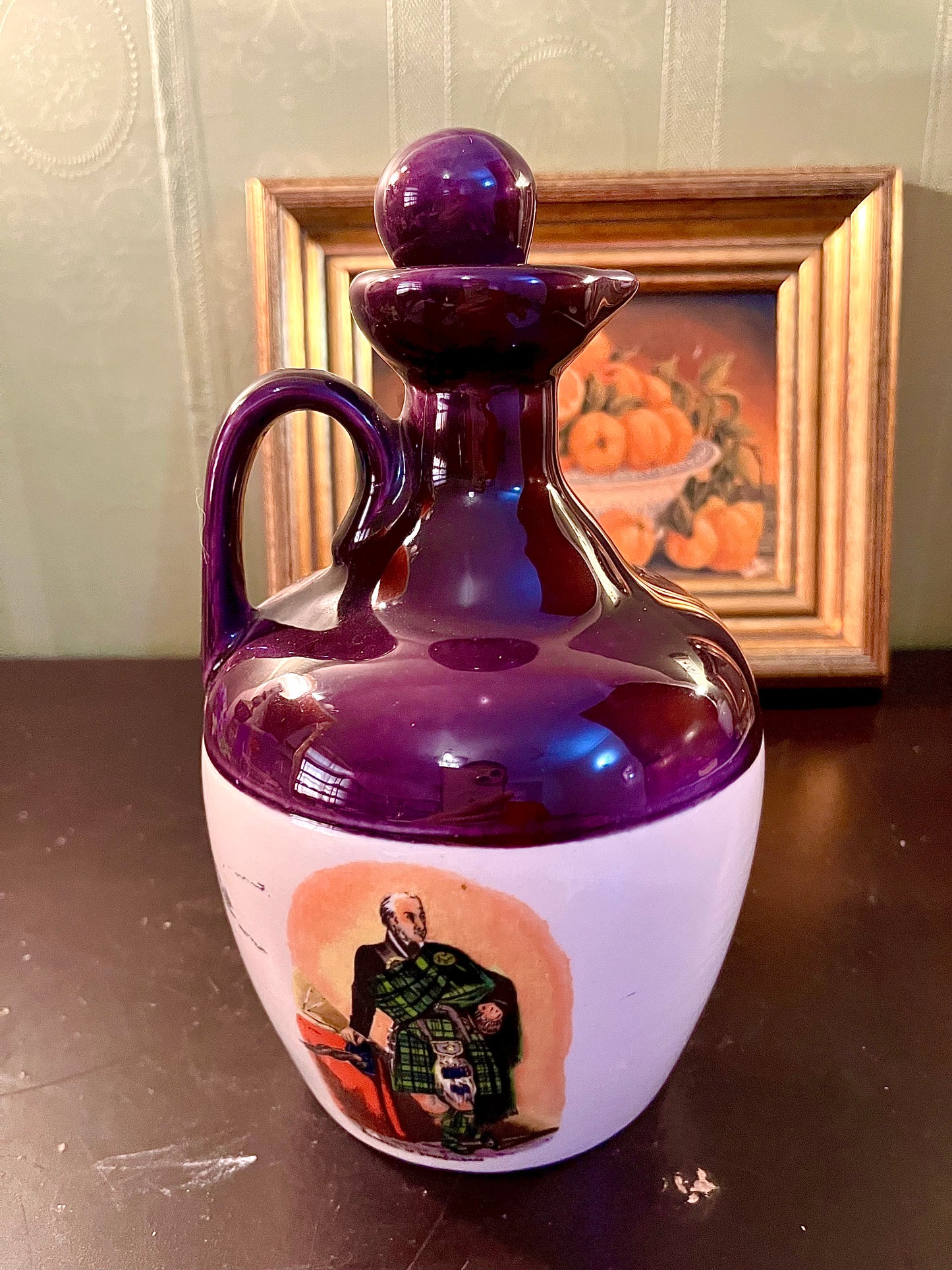 Vintage Scottish Highlander Ceramic Whisky Decanter – Purple & White Lidded Jug