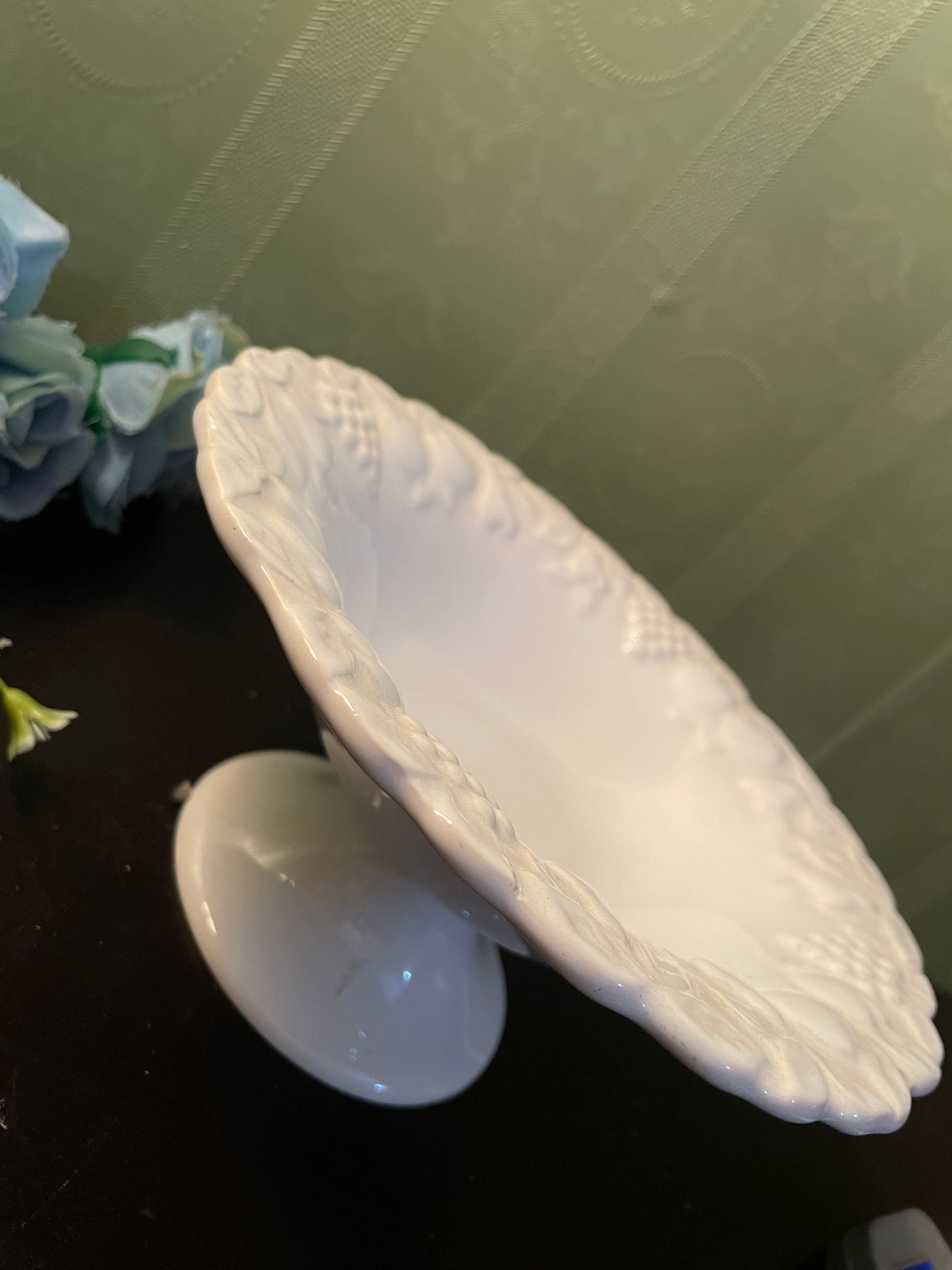 White Ceramic Footed Fruit Bowl Embossed Serving Dish