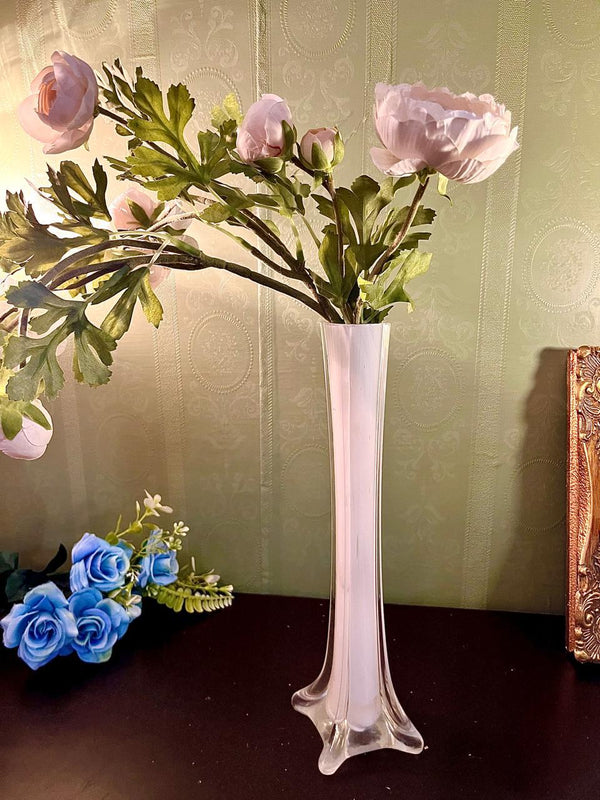 Tall Pink Glass Vase with Faux Peony Flowers | 30 cm Decorative Vase