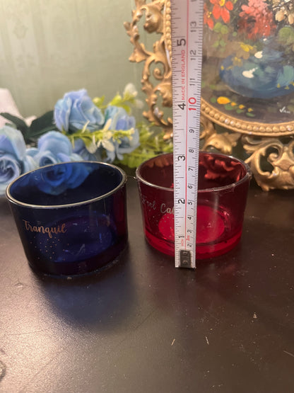 Set of 2 Coloured Glass Candle Holders / Tranquil & Feel Calm Votive Cups