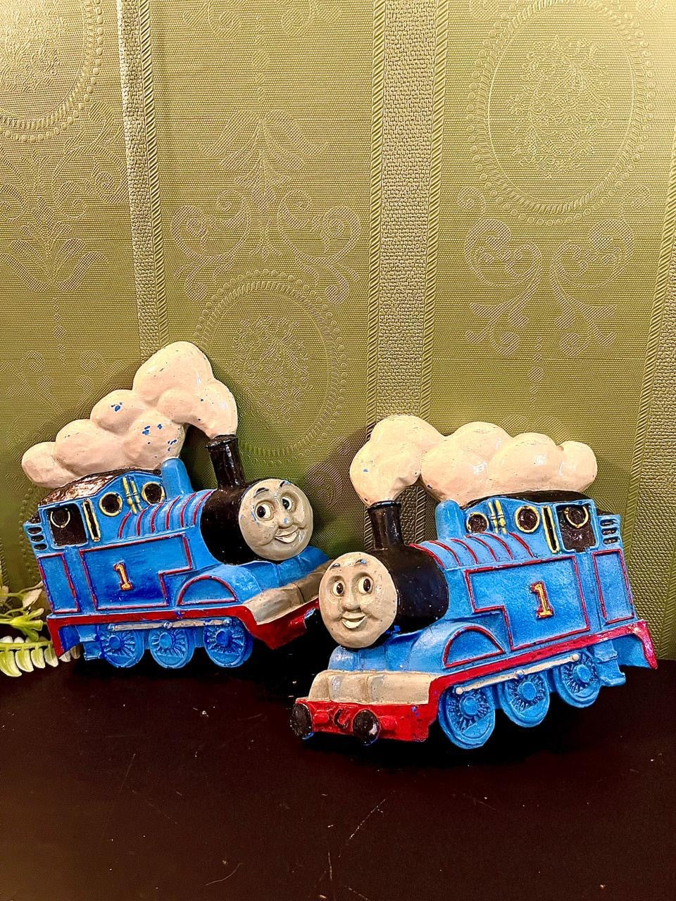Pair of Thomas Style Blue Train Ornaments | Decorative Kids Room Figures