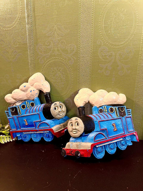Pair of Thomas Style Blue Train Ornaments | Decorative Kids Room Figures