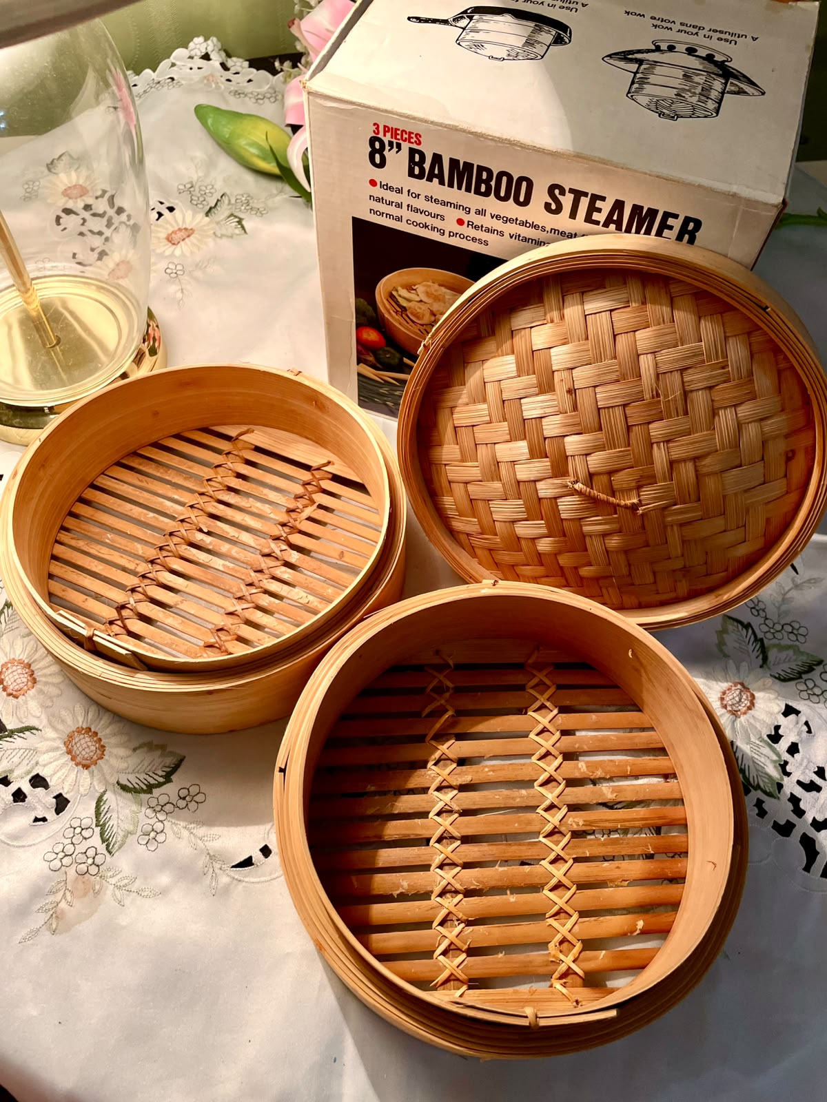 Vintage Bamboo Steamer Set 3-Piece 8 Inch