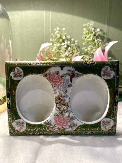 Vintage Japanese Double Frame Floral Wall Decor | Green & Gold Approx. 18 cm