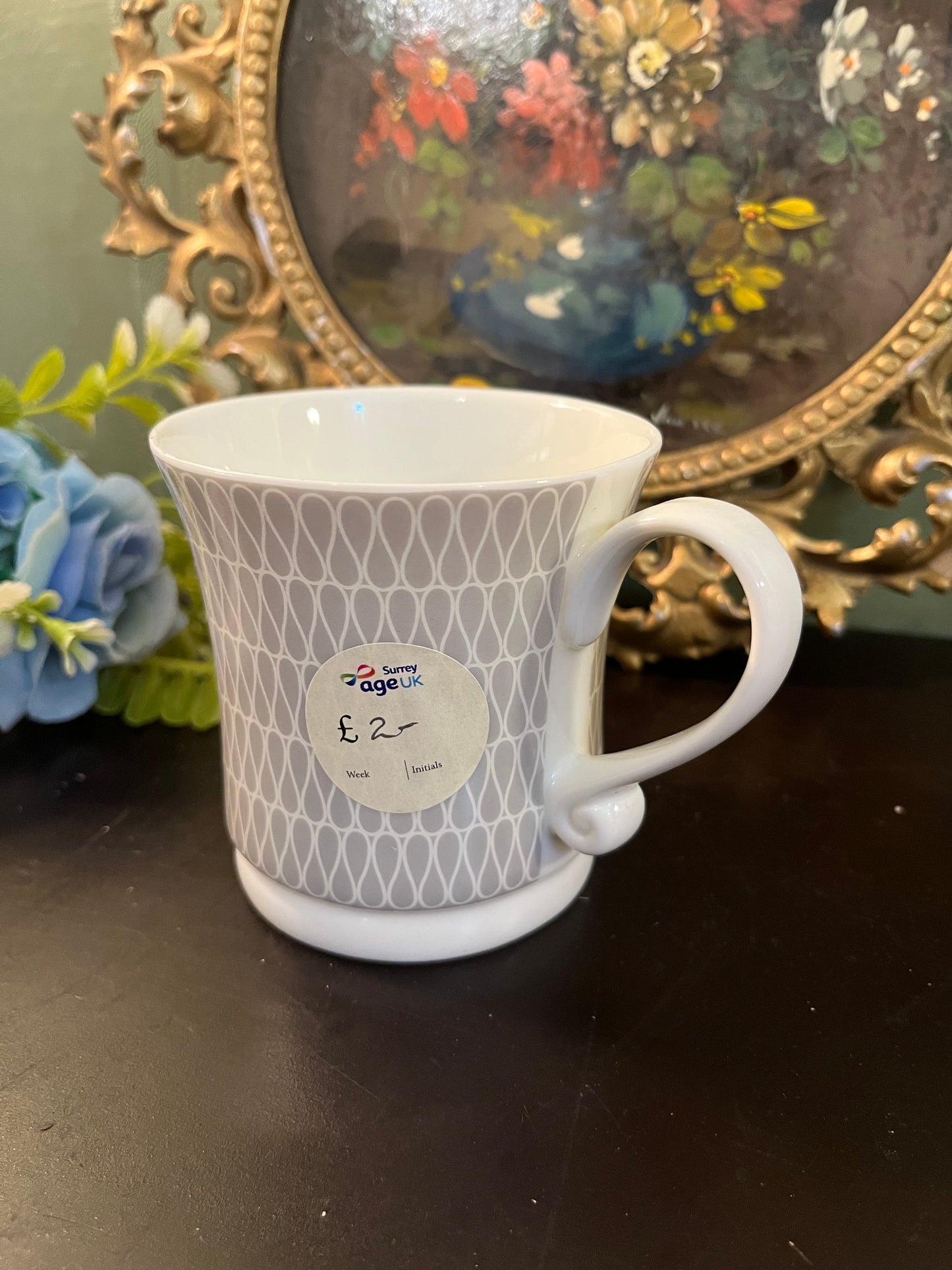 Grey Geometric Ceramic Mug with Curved Handle