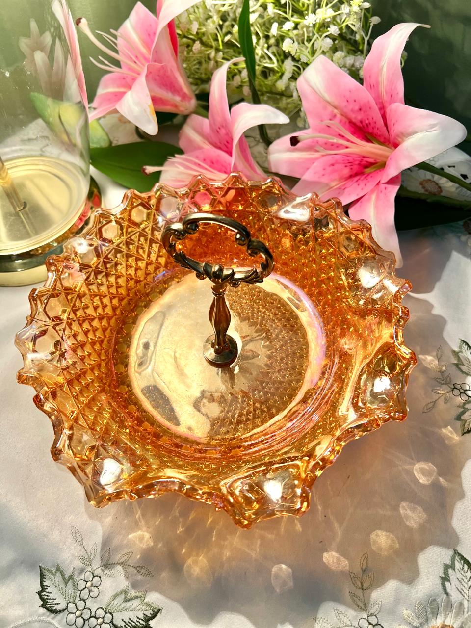 Vintage Amber Pressed Glass Serving Bowl with Metal Handle – Scalloped Rim, Approx. 24 cm