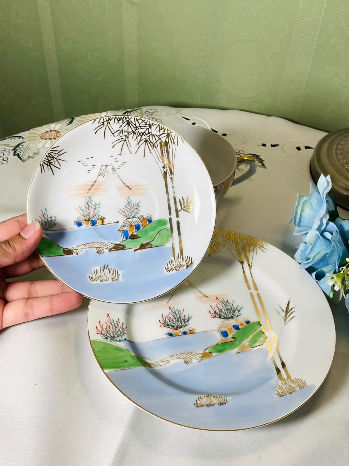 Vintage Japanese Landscape 3-Piece Cup Saucer Plate Set