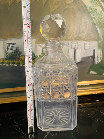 Vintage Cut Crystal Decanter with Faceted Stopper ( 21.5cm )– Diamond Pattern & Star Base. ENGLAND