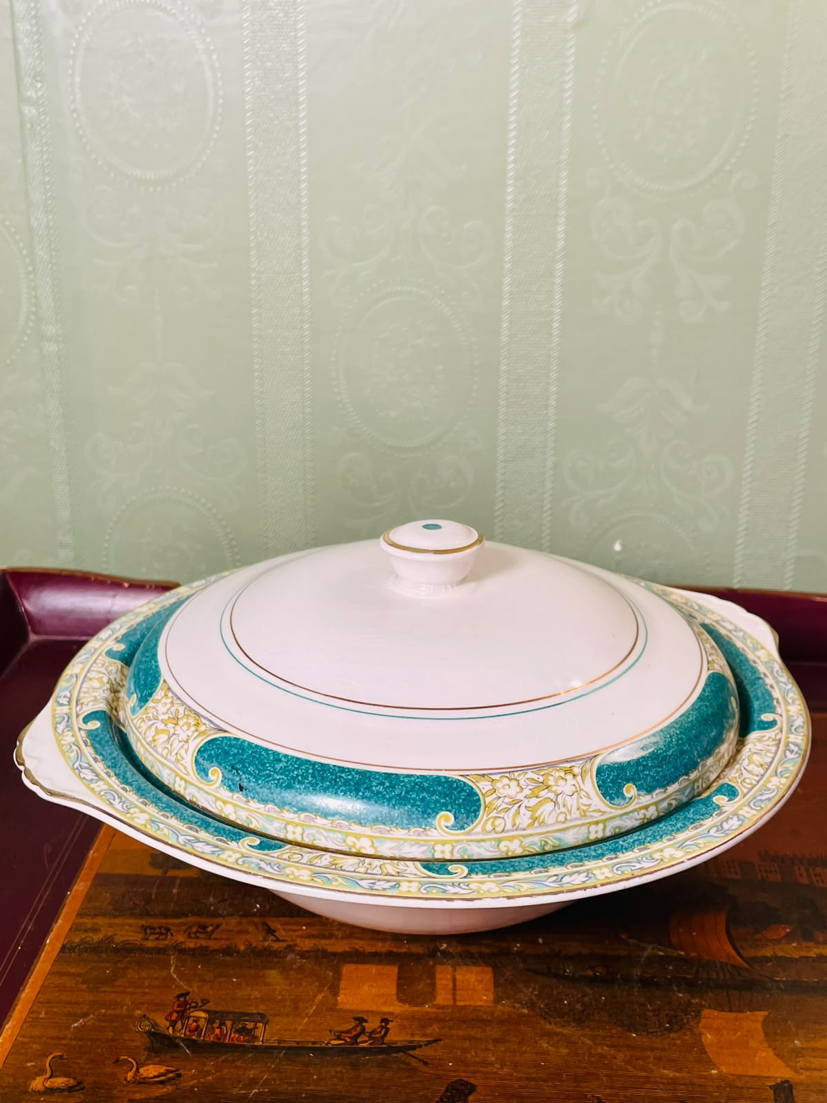 Royal Swan Turquoise & Gold Covered Serving Bowl 10"